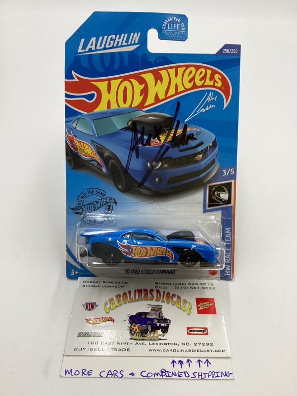 Hot Wheels 10 Pro Stock Camaro Blue #250 Autographed Alex Laughlin Cracked Blister Both Sides with protector For Cheap