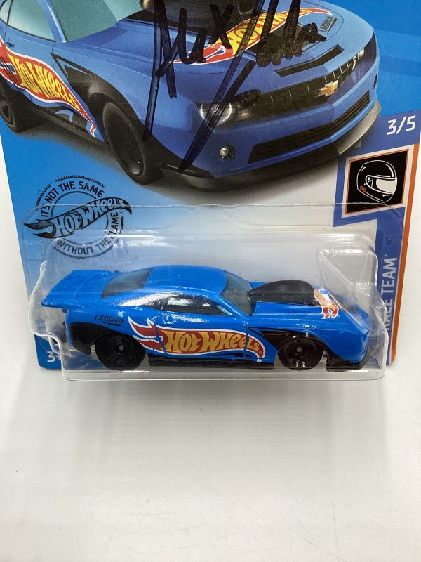 Hot Wheels 10 Pro Stock Camaro Blue #250 Autographed Alex Laughlin Cracked Blister Both Sides with protector For Cheap