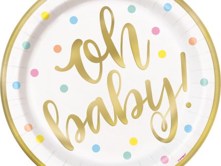 Oh Baby  Gold Baby Shower Round 9  Dinner Plates, 8ct - Foil Board Online now