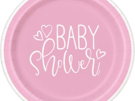 Pink Hearts Baby Shower Round 7  Dessert Plates, 8ct For Sale