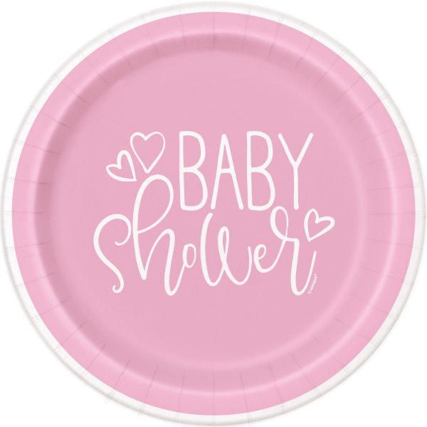 Pink Hearts Baby Shower Round 7  Dessert Plates, 8ct For Sale