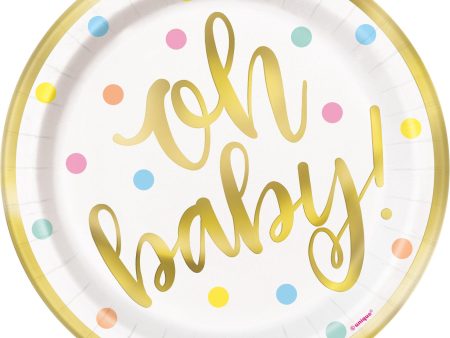 Oh Baby  Gold Baby Shower Round 7  Dessert Plates, 8ct - Foil Board Hot on Sale